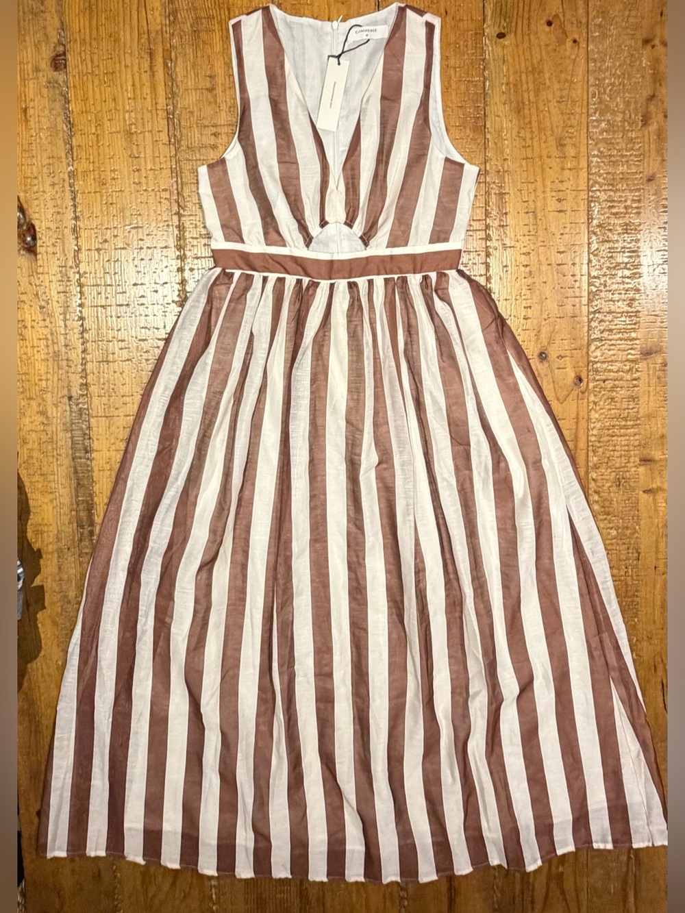 COMMENSE Striped Brown and Cream Maxi Dress with Cutout Waist - Picture 7 of 11
